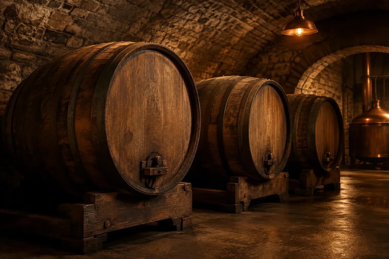 Illustration de grands foudres de bois dans un chai.