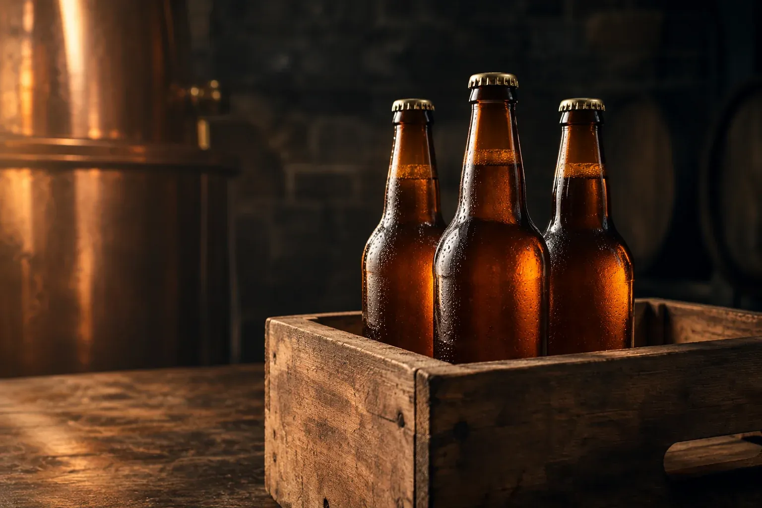 Bouteilles de bière en verre brun, sans étiquette, dans un casier en bois.