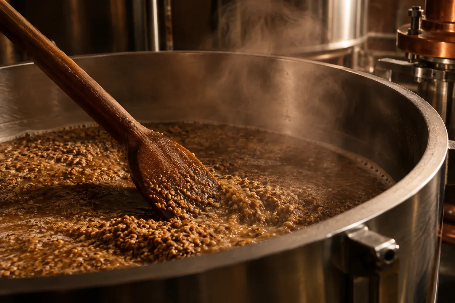 Fourquet plongé dans le malt et l’eau chaude d’une cuve d’empâtage.