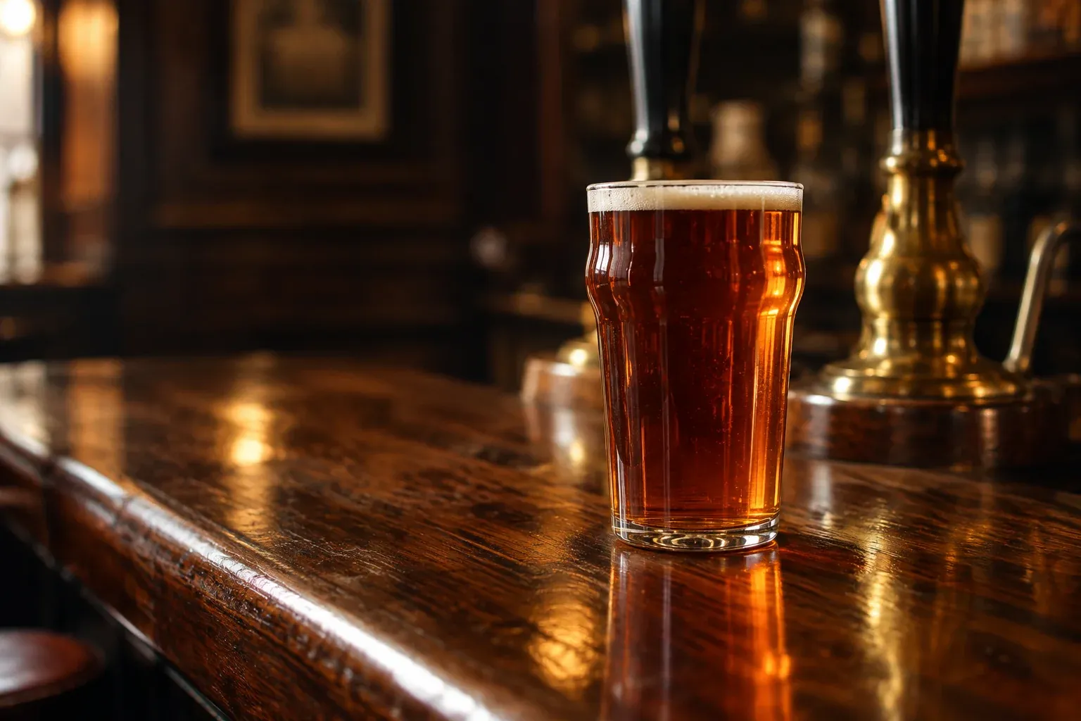 Pinte anglaise d’ale cuivrée sur un comptoir de pub.