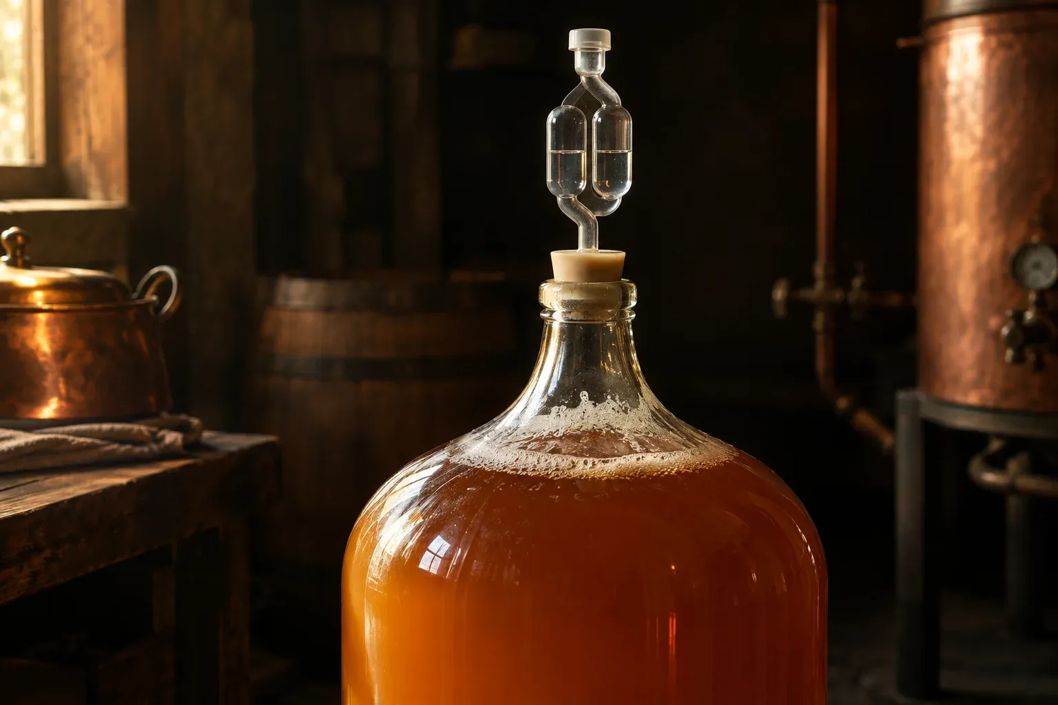 Fermenteur en verre fermé par un barboteur.