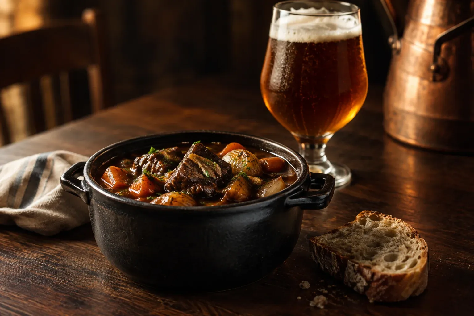 Plat mijoté à la bière servi dans une cocotte.