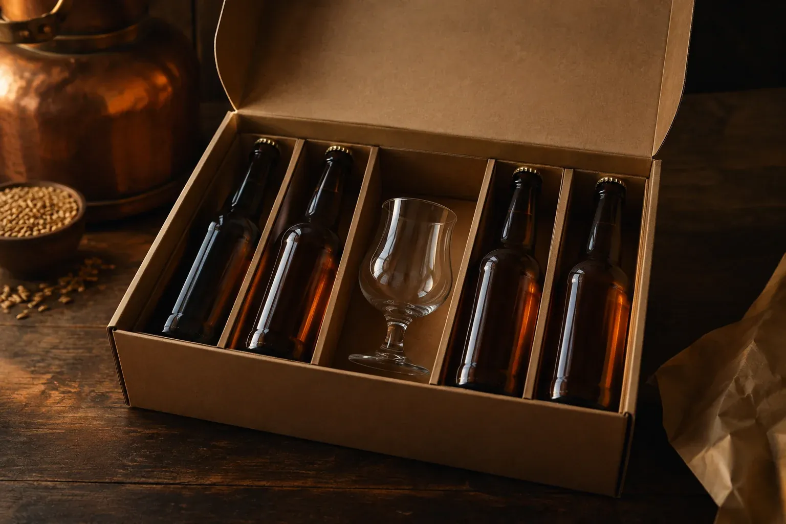 Coffret ouvert contenant des bouteilles brunes et un verre.