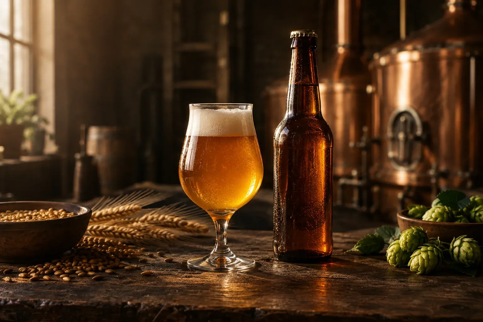 Bière blonde, bouteille brune, orge et houblon.
