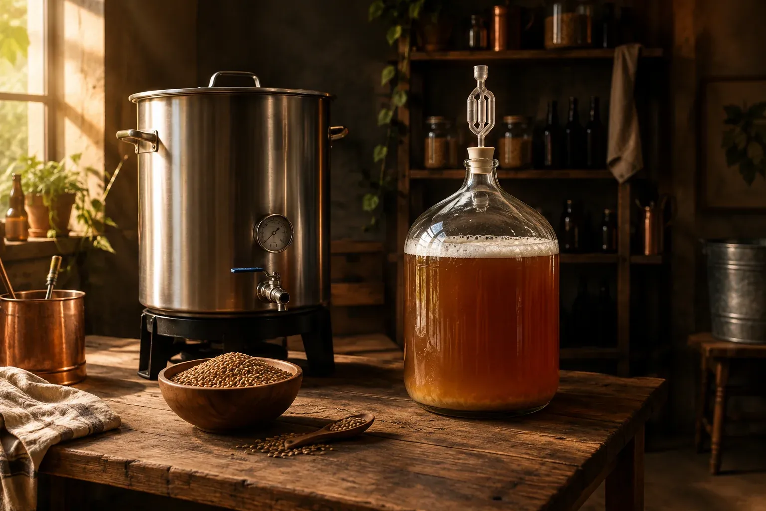 Cuve et matériel de brassage sur un établi.
