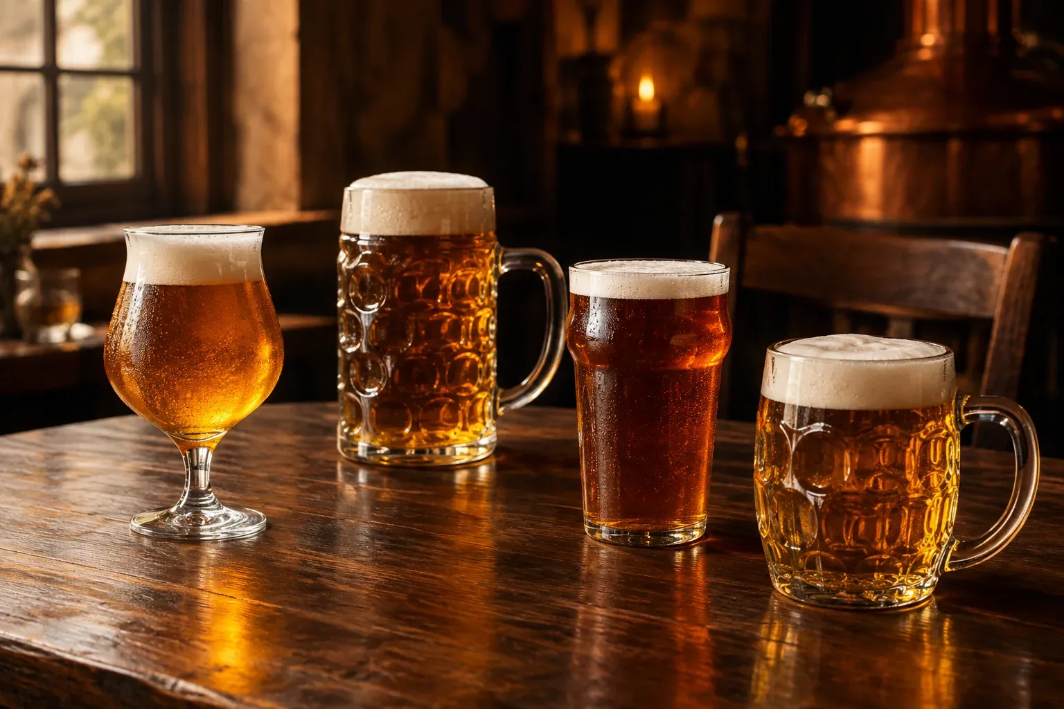 Verres de traditions brassicoles belge, allemande, anglaise et tchèque.