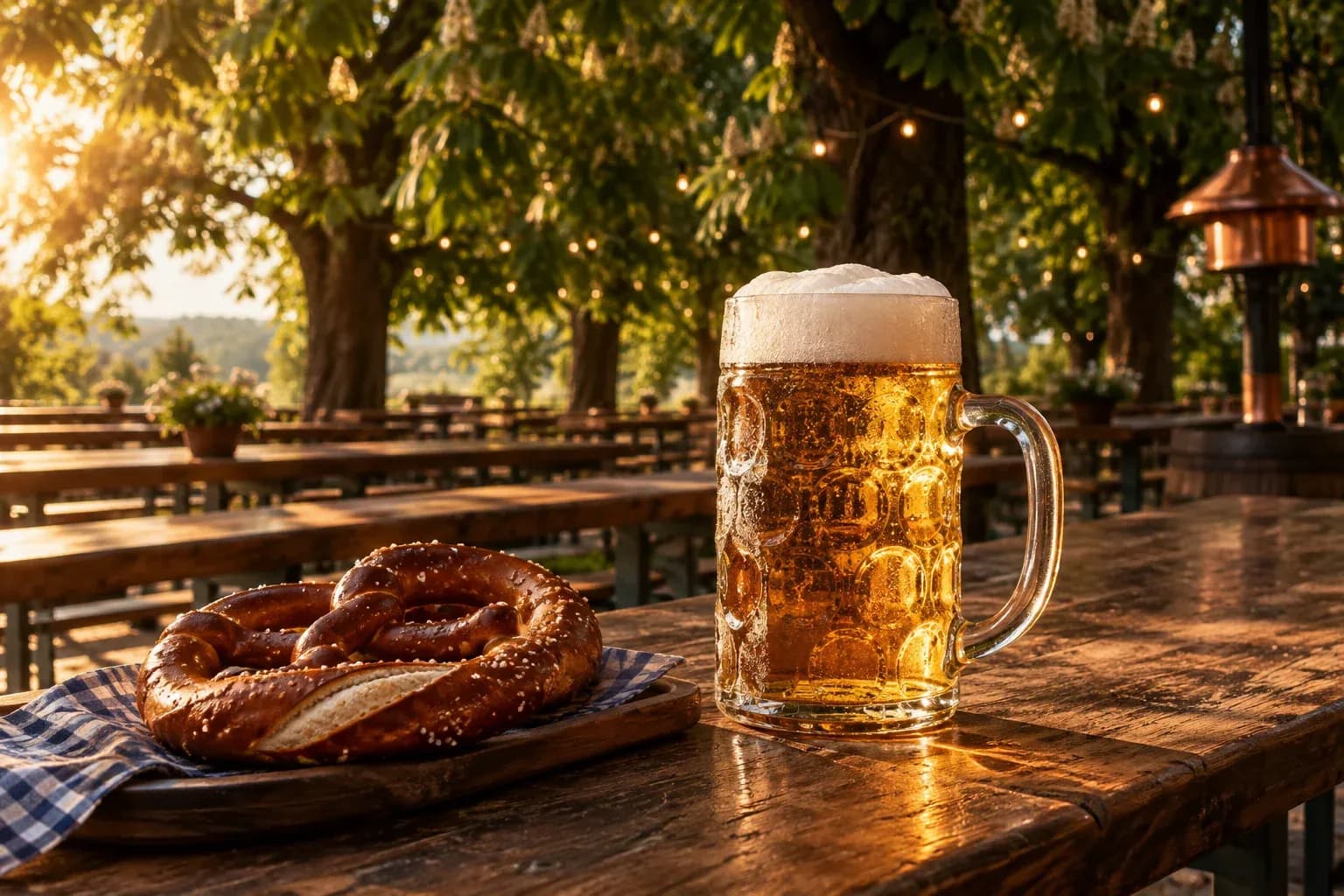 Tables en bois et chopes dans un jardin à bière bavarois.