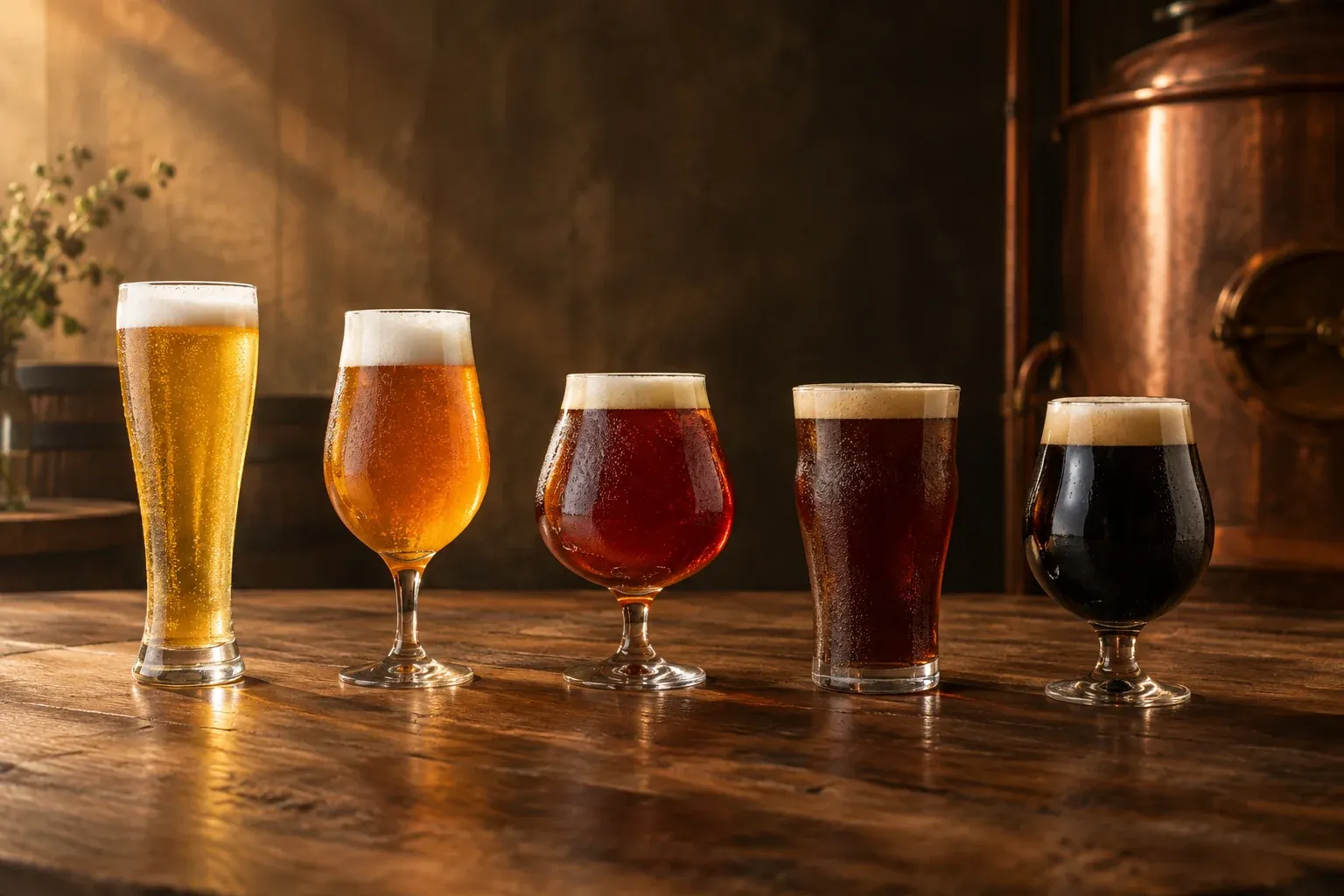 Cinq verres présentant différentes couleurs de bière.
