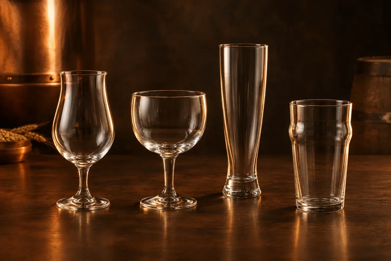 Quatre formes de verres à bière vides.