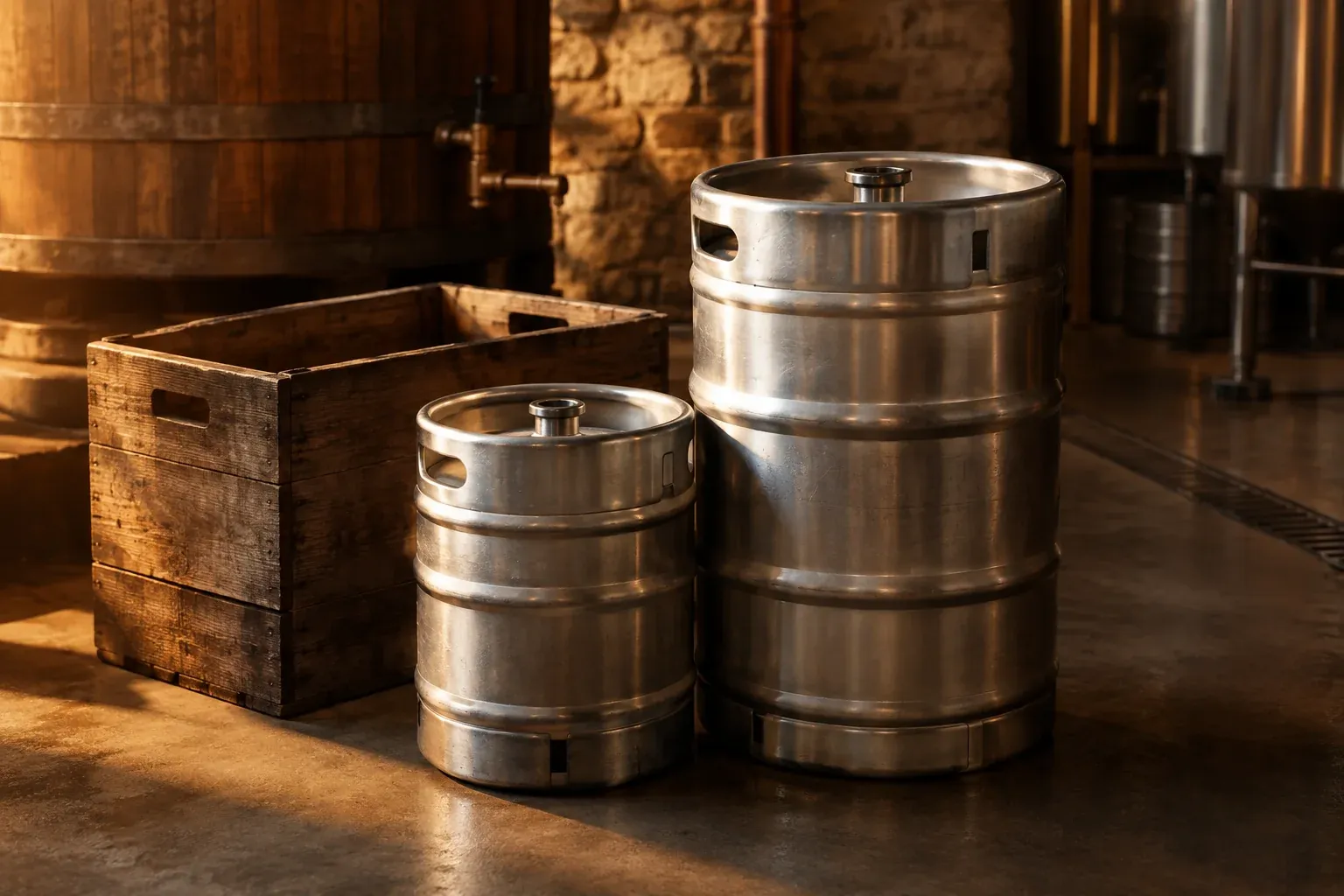 Fûts de bière en acier inoxydable dans une brasserie.