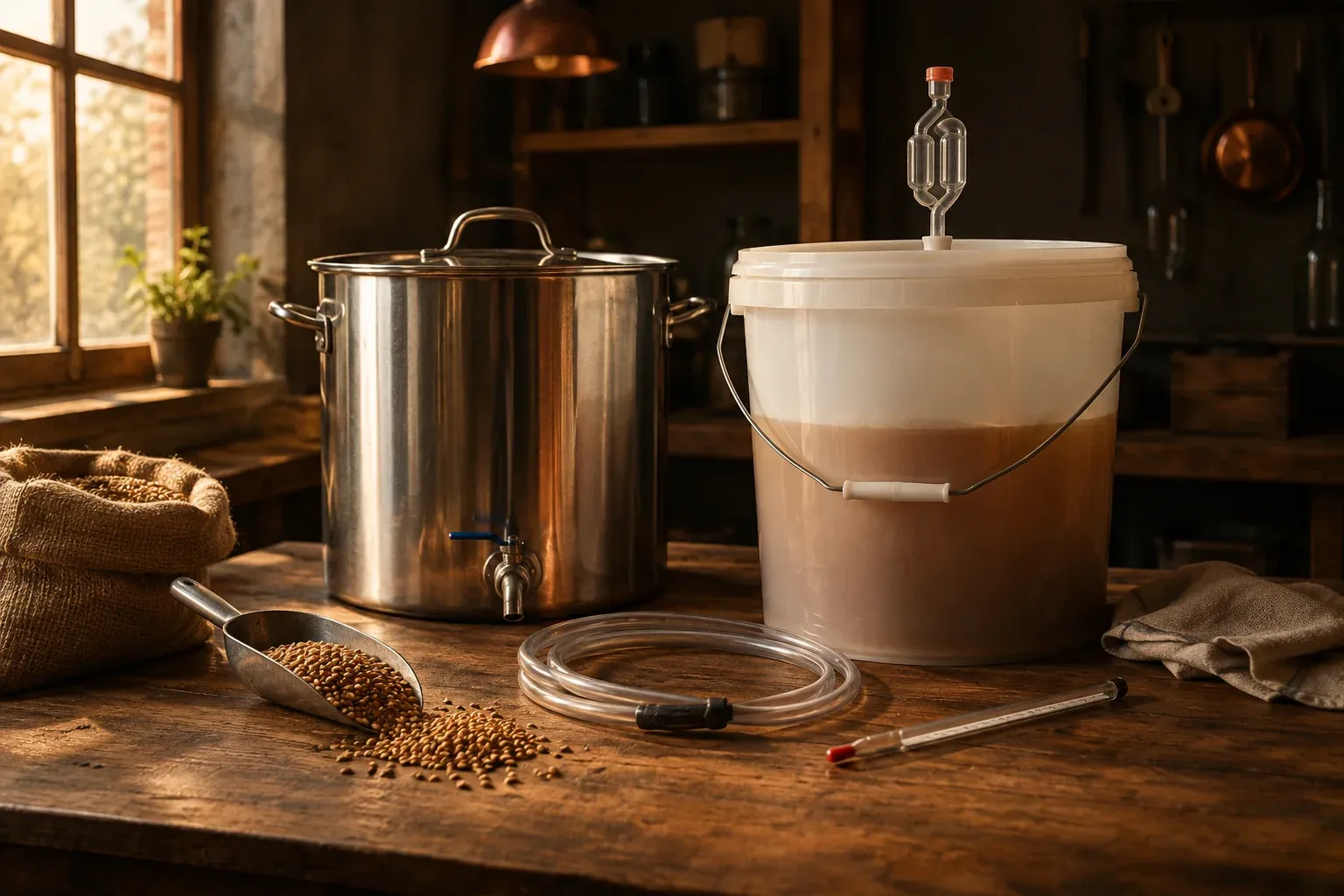 Matériel de brassage maison disposé sur un plan de travail.