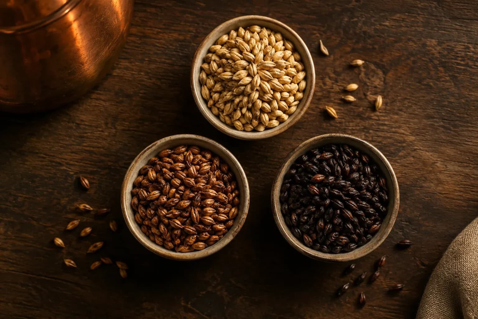 Illustration de grains de malt clairs, ambrés et foncés.