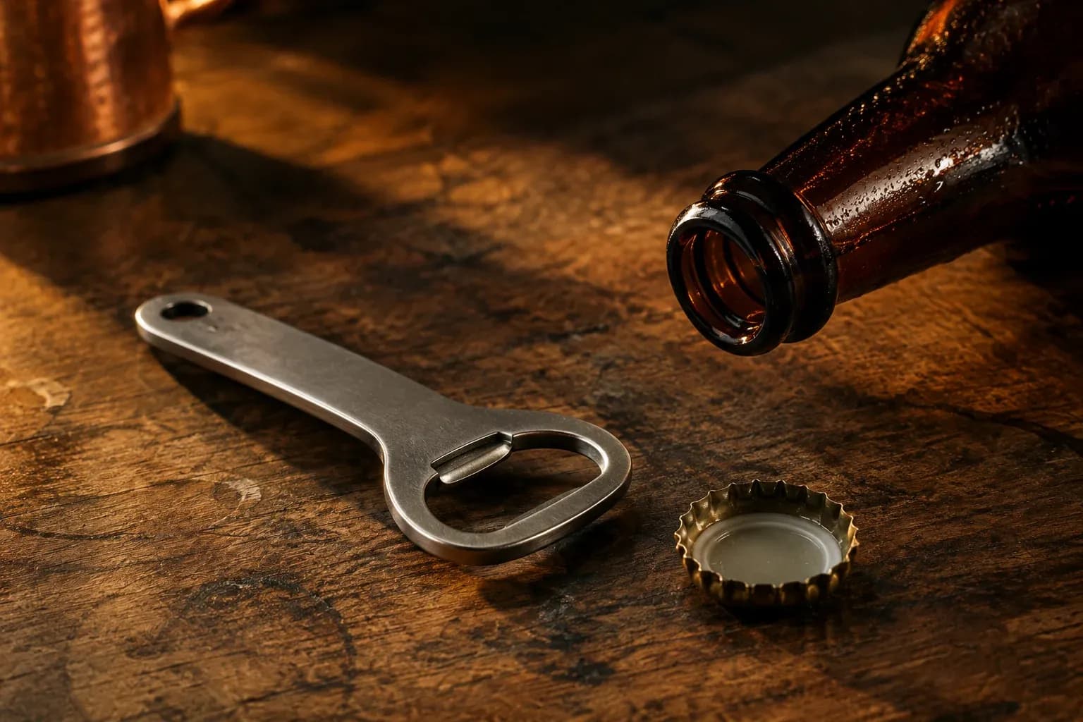 Décapsuleur métallique posé près d’une bouteille et d’une capsule.