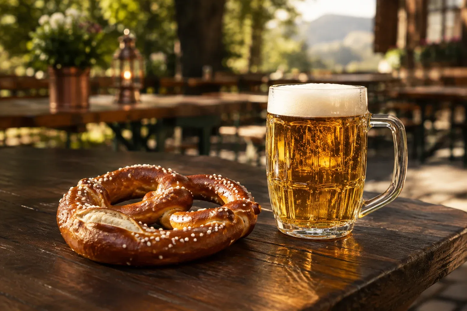 Bretzel bavarois au gros sel et chope de lager.