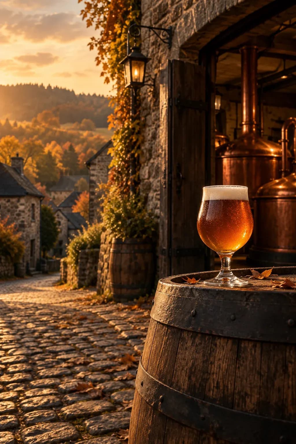 Scène d’ambiance imaginée d’un village brassicole des Ardennes.