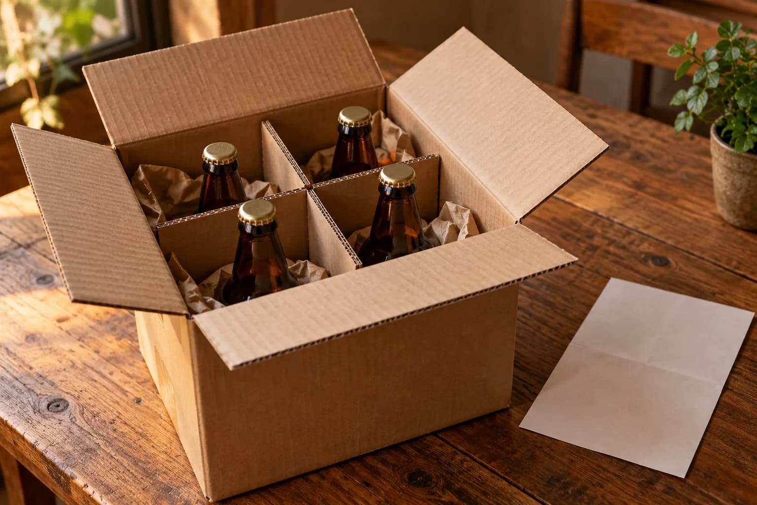 Quatre bouteilles brunes protégées par les cloisons d’un carton de livraison.