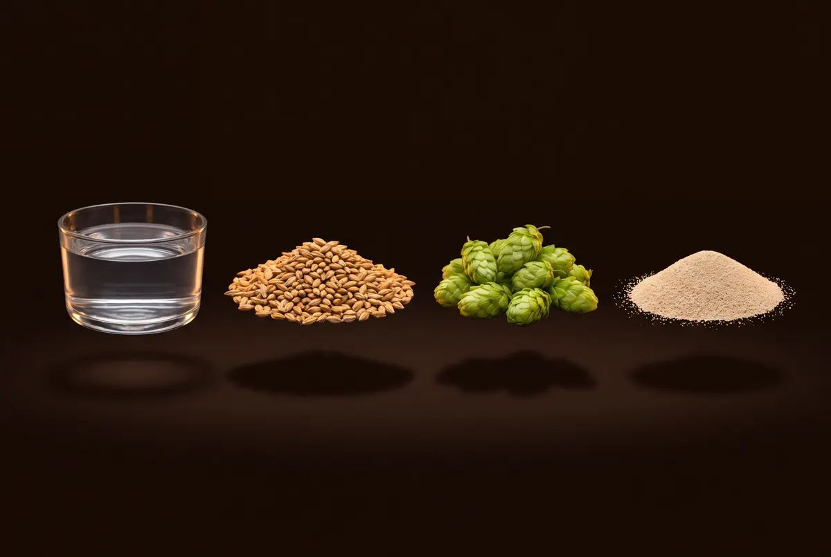Quatre tas séparés : eau, grains de malt, cônes de houblon et levure.