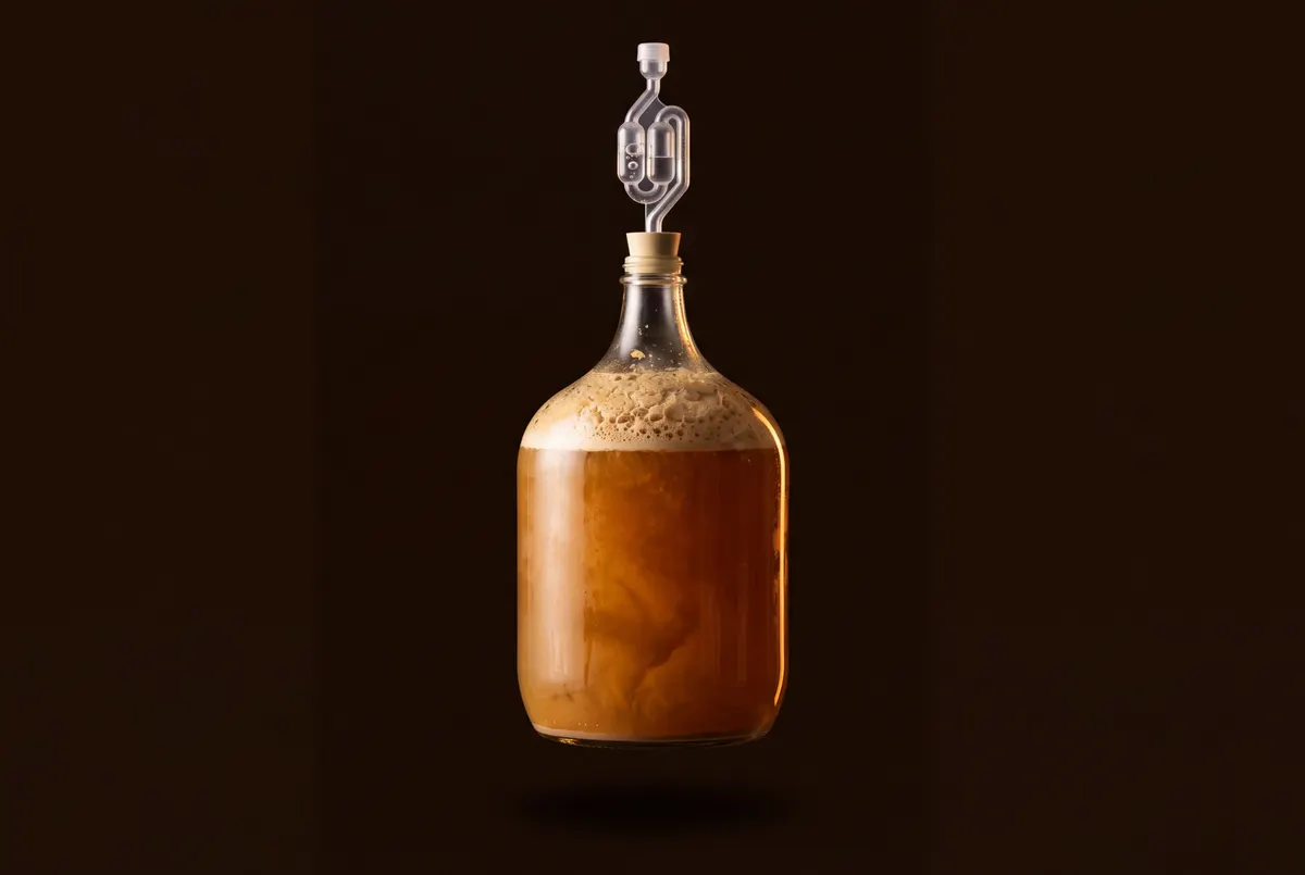 Dame-jeanne en verre remplie de bière trouble en fermentation, fermée par un bouchon et un barboteur.