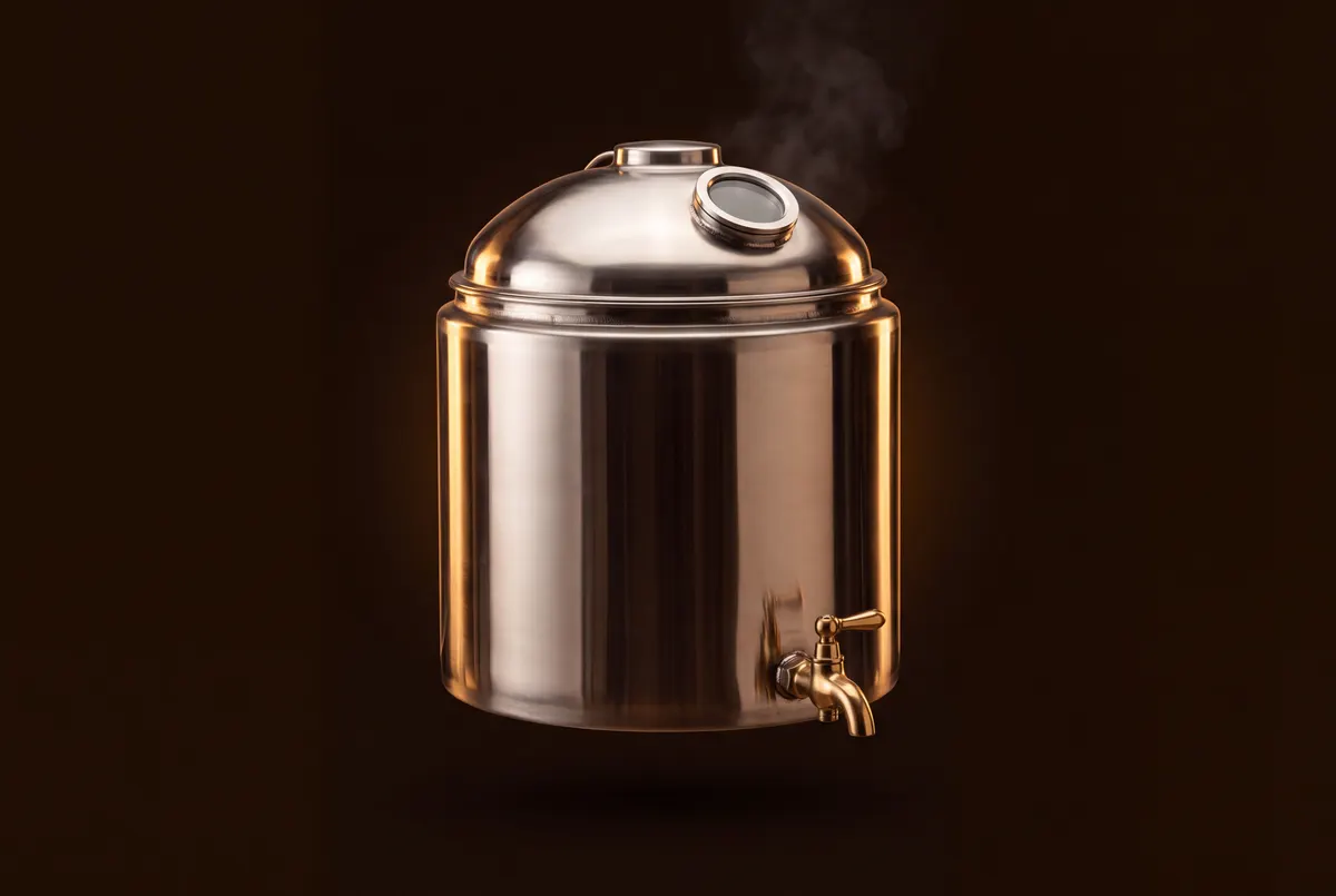 Cuve de brassage en inox fermée par un couvercle bombé, avec un hublot rond et un robinet en laiton à la base.