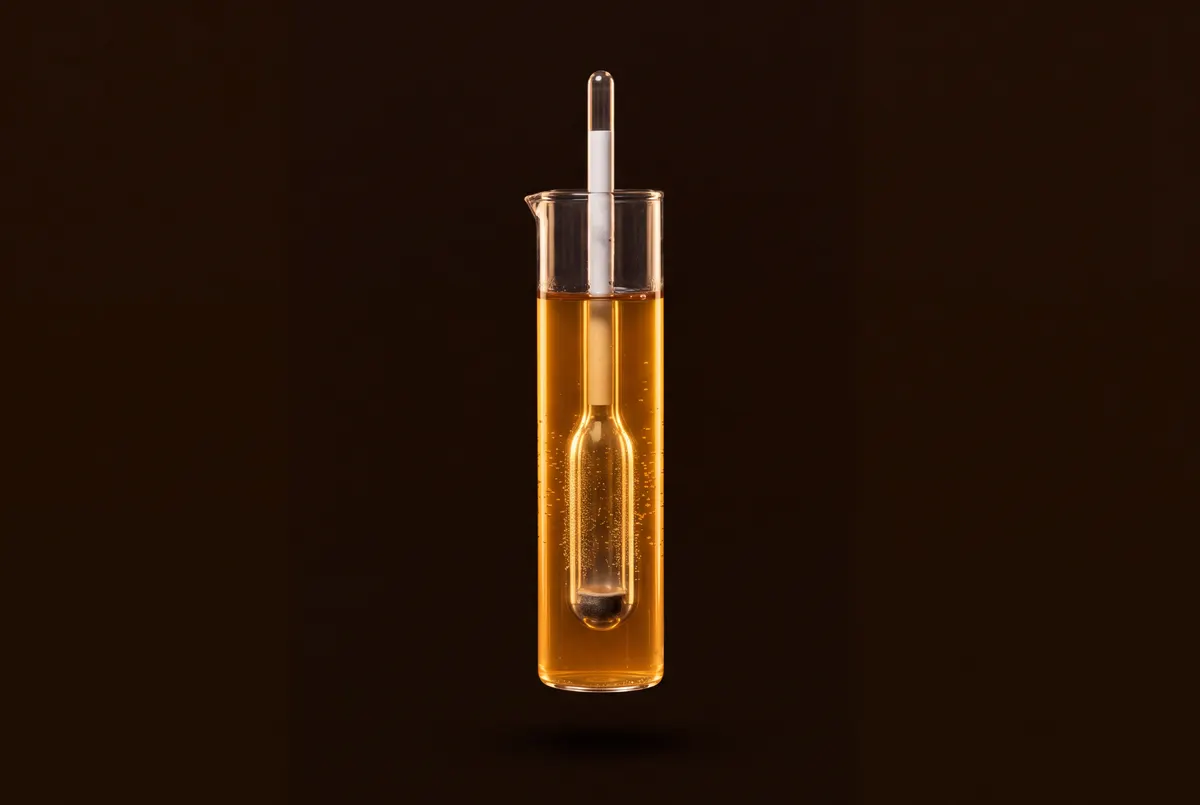 Illustration d’un densimètre en verre flottant dans une éprouvette de liquide ambré.