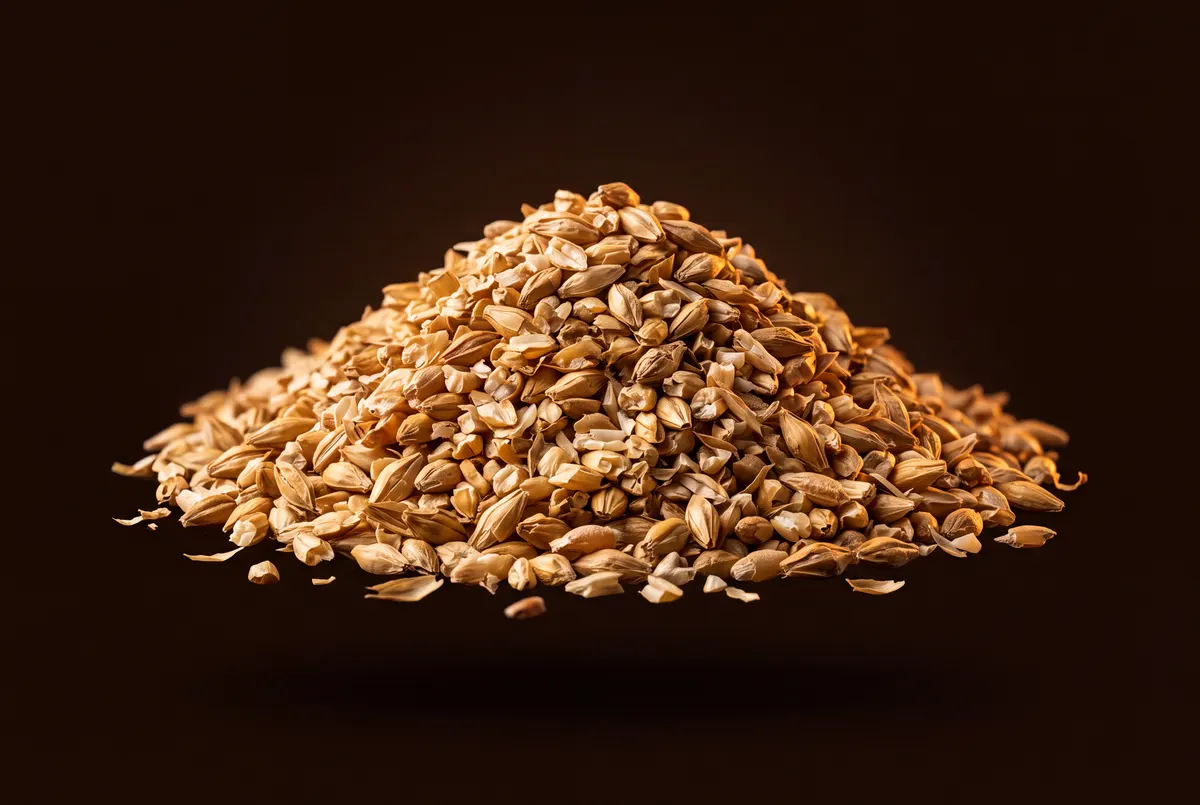 Tas conique de grains d’orge maltés concassés, enveloppes fendues et éclats visibles.