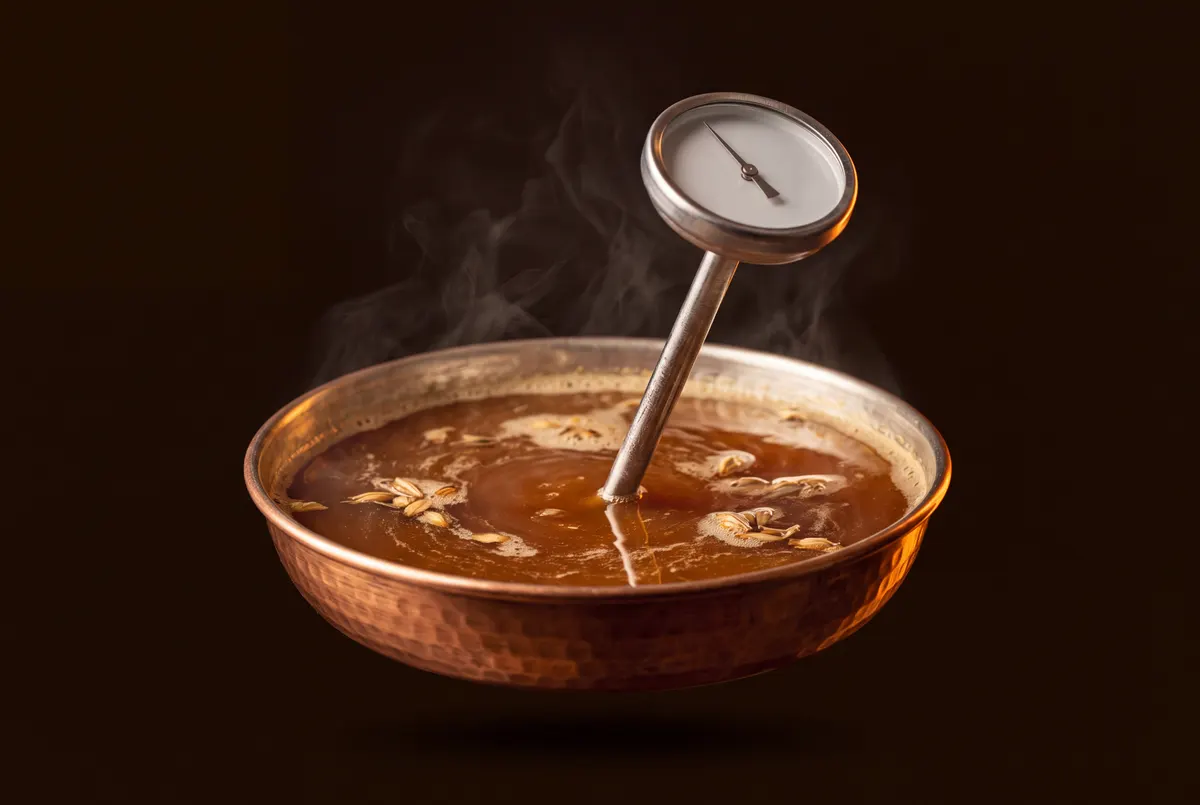 Thermomètre à sonde planté dans un moût ambré fumant, au fond d’un récipient en cuivre.