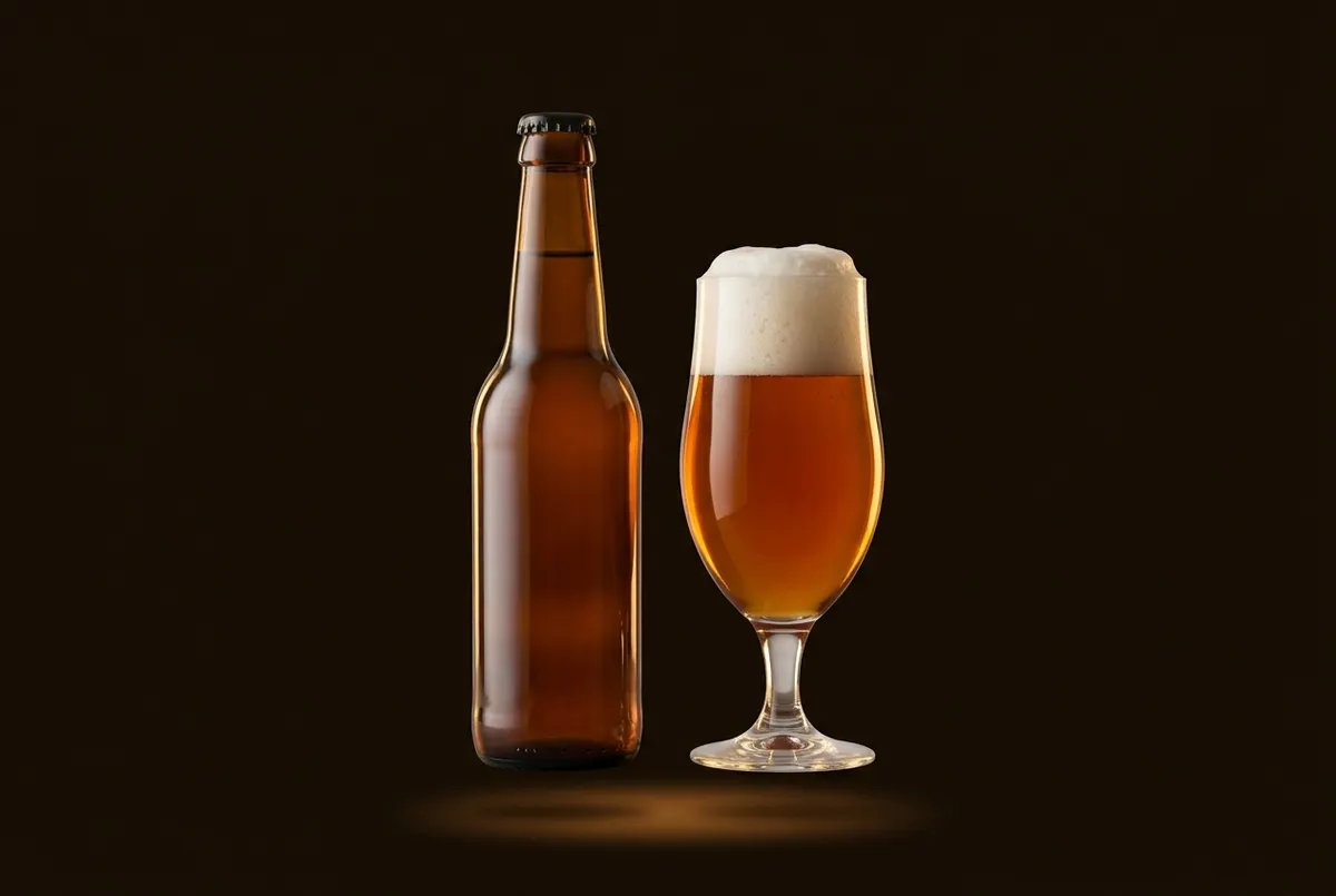 Bouteille brune et verre tulipe rempli de bière ambrée, posés côte à côte.
