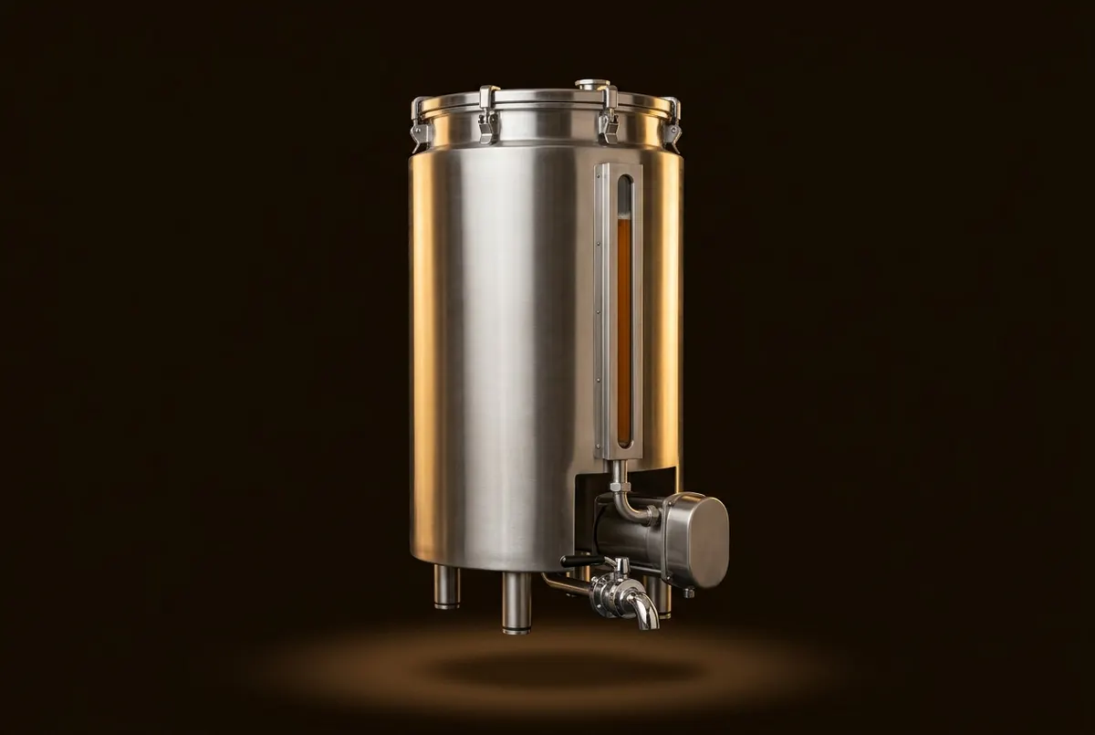 Cuve cylindrique en inox à couvercle clampé, niveau vitré sur le flanc et vanne chromée à la base.