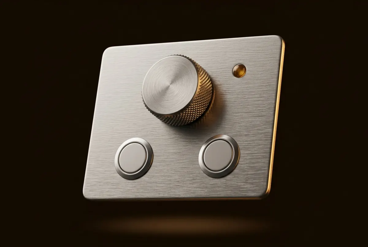 Panneau de commande en inox brossé : une molette moletée, deux boutons ronds et un témoin ambré.