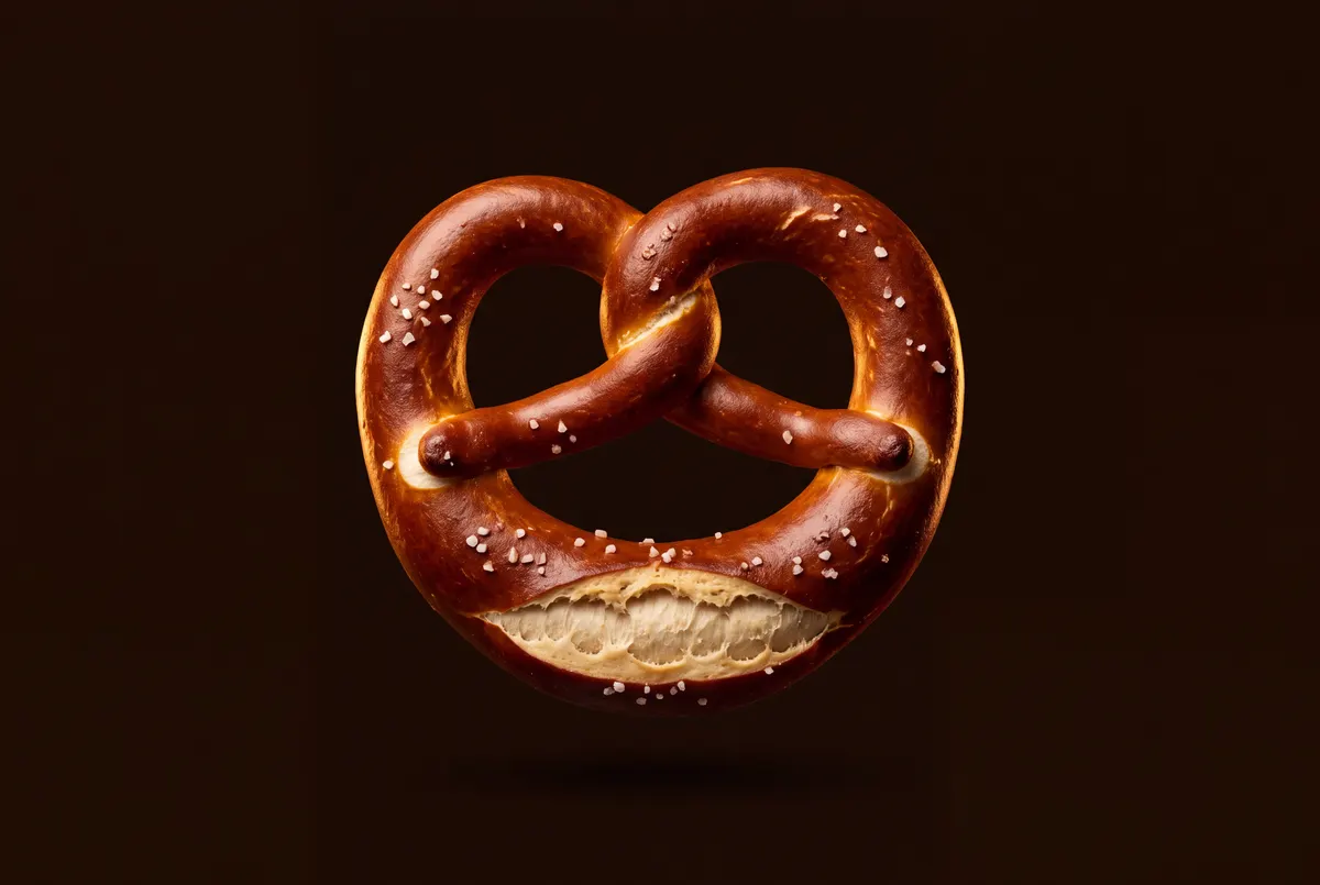 Bretzel doré au gros sel, seul sur fond sombre.