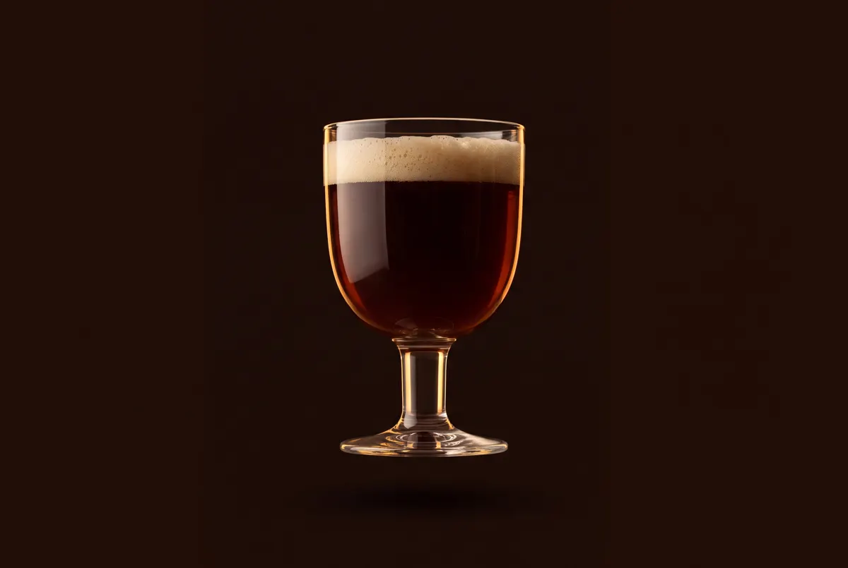 Calice trappiste sur pied court rempli d’une bière rubis.