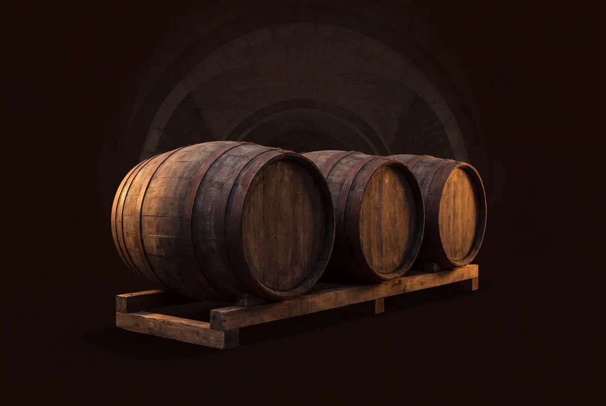 Fûts de bois alignés sous une voûte de cave.